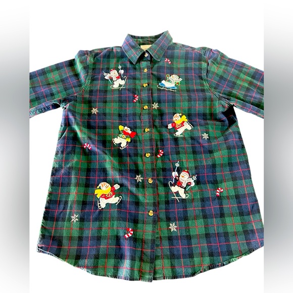 Vintage 90s Christmas Winter Plaid Button Down Snowman - Picture 1 of 5